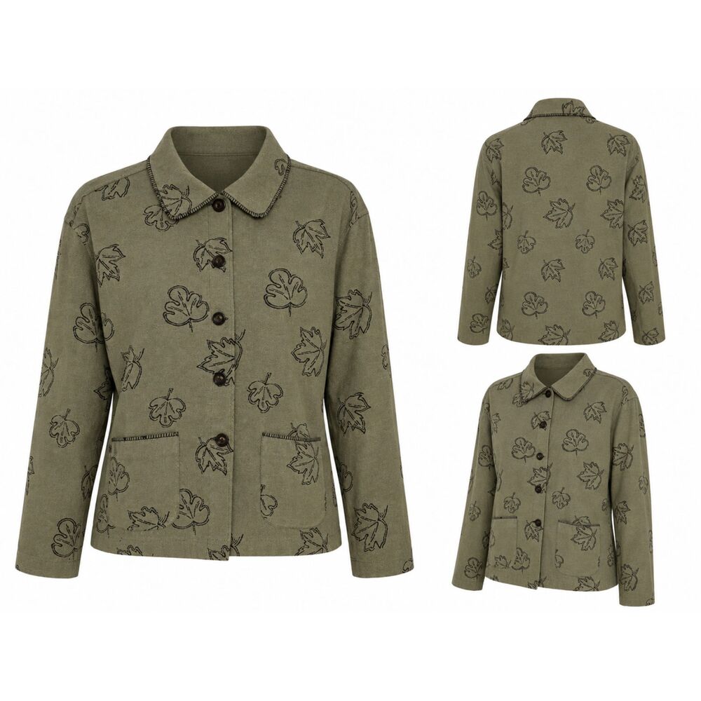 Coldwater Creek Women’s PM Petite Medium Olive Leaf Print Jacket Button Front